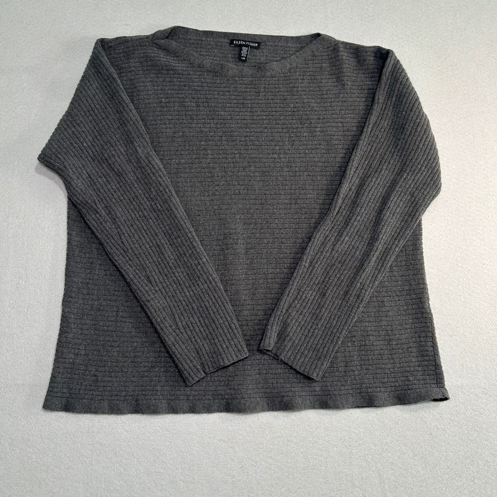 Eileen Fisher Sweater Womens Large Grey 100% Wool Ribbed Boat Neck Top Classic